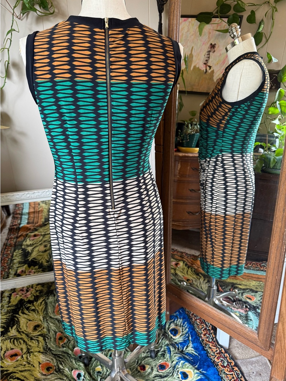 Julian Taylor Fit & Flare Dress Black Geometric Teal, Rust Cream, Size 14 - Picture 4 of 11